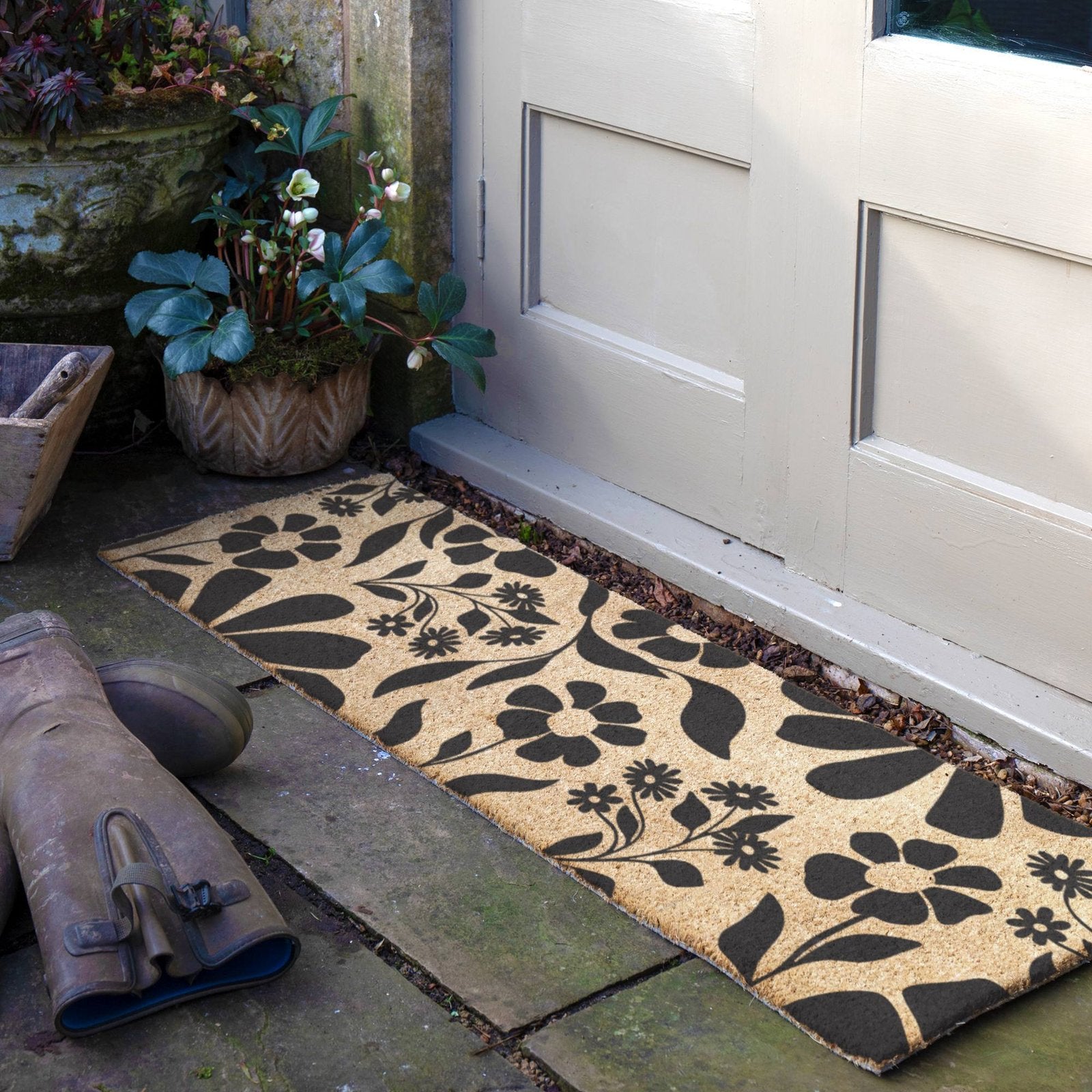 Black Floral Pattern Doormat