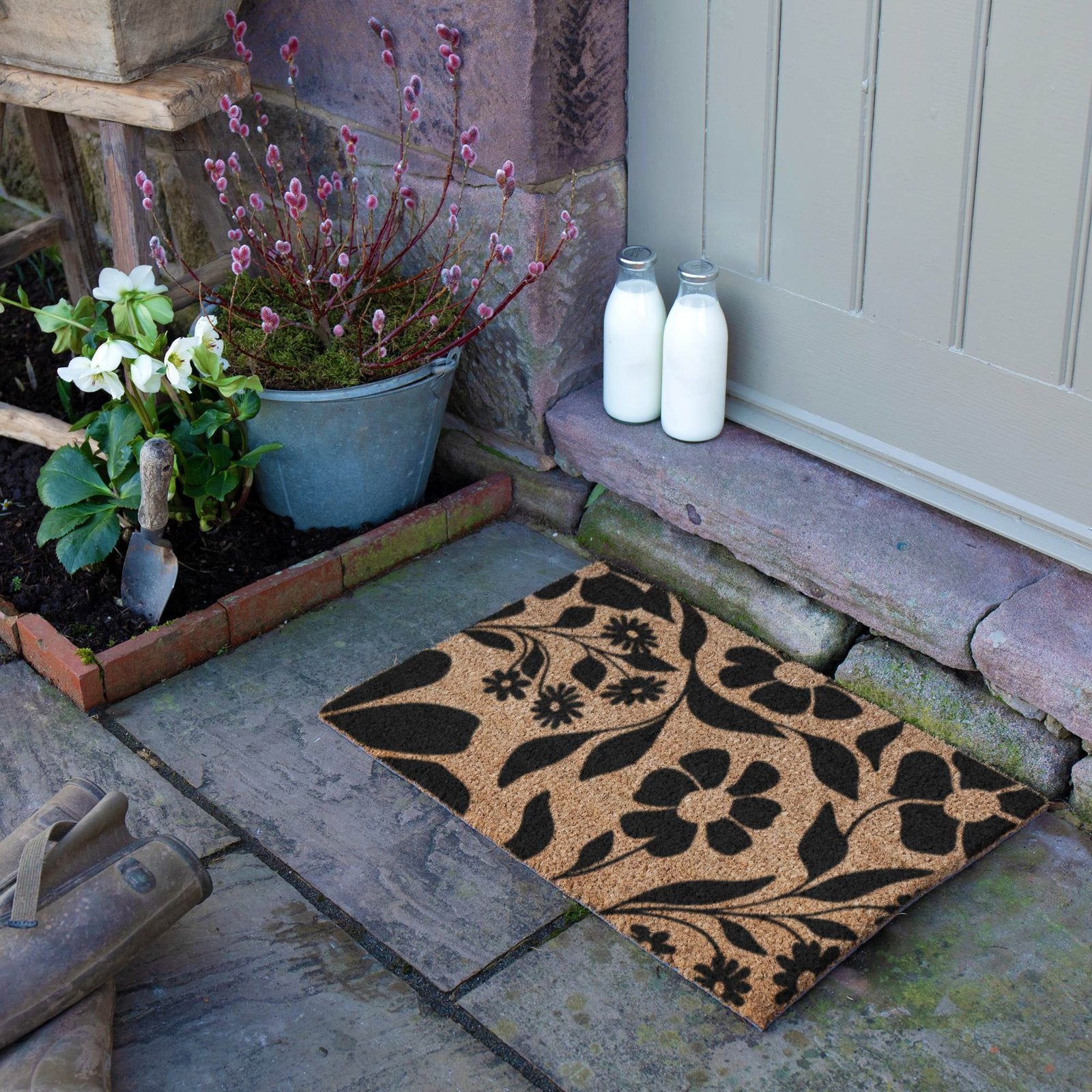 Black Floral Pattern Doormat