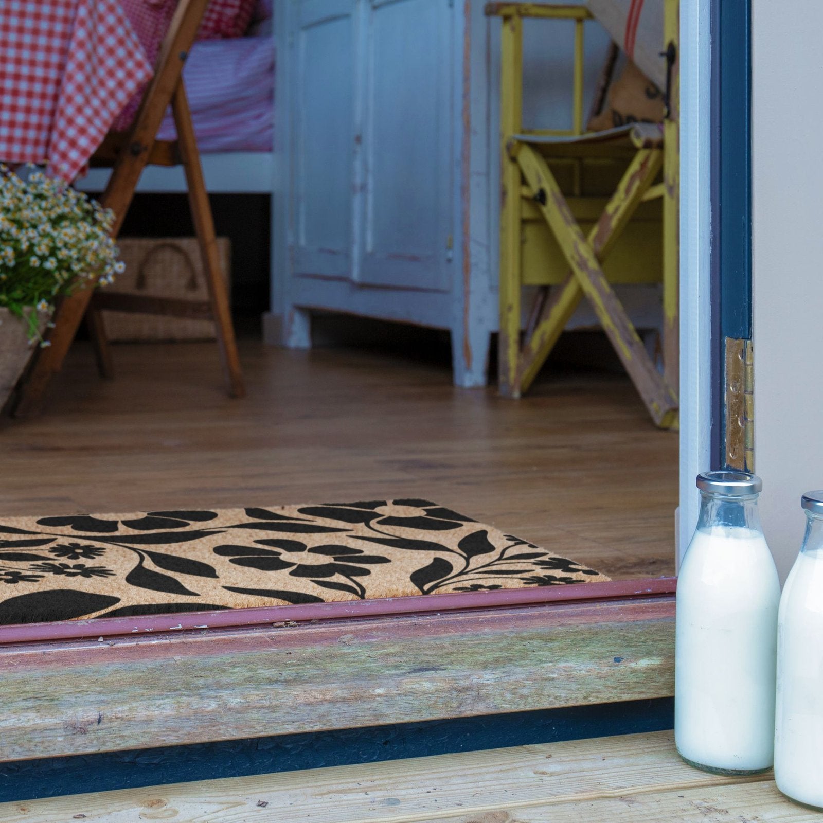 Black Floral Pattern Doormat