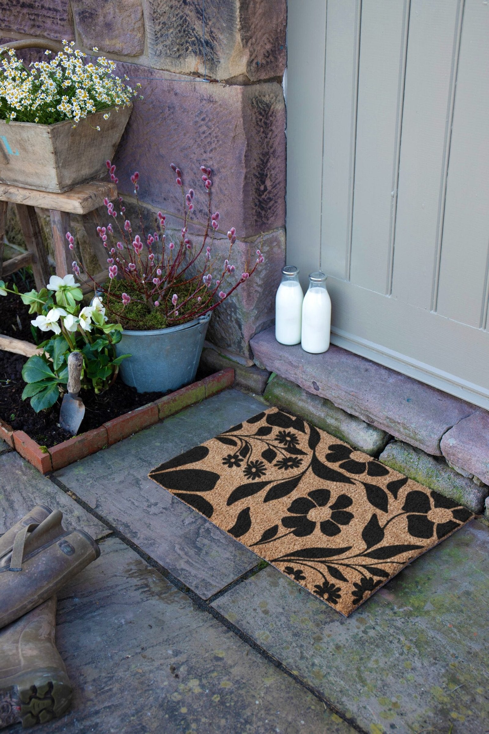 Black Floral Pattern Doormat