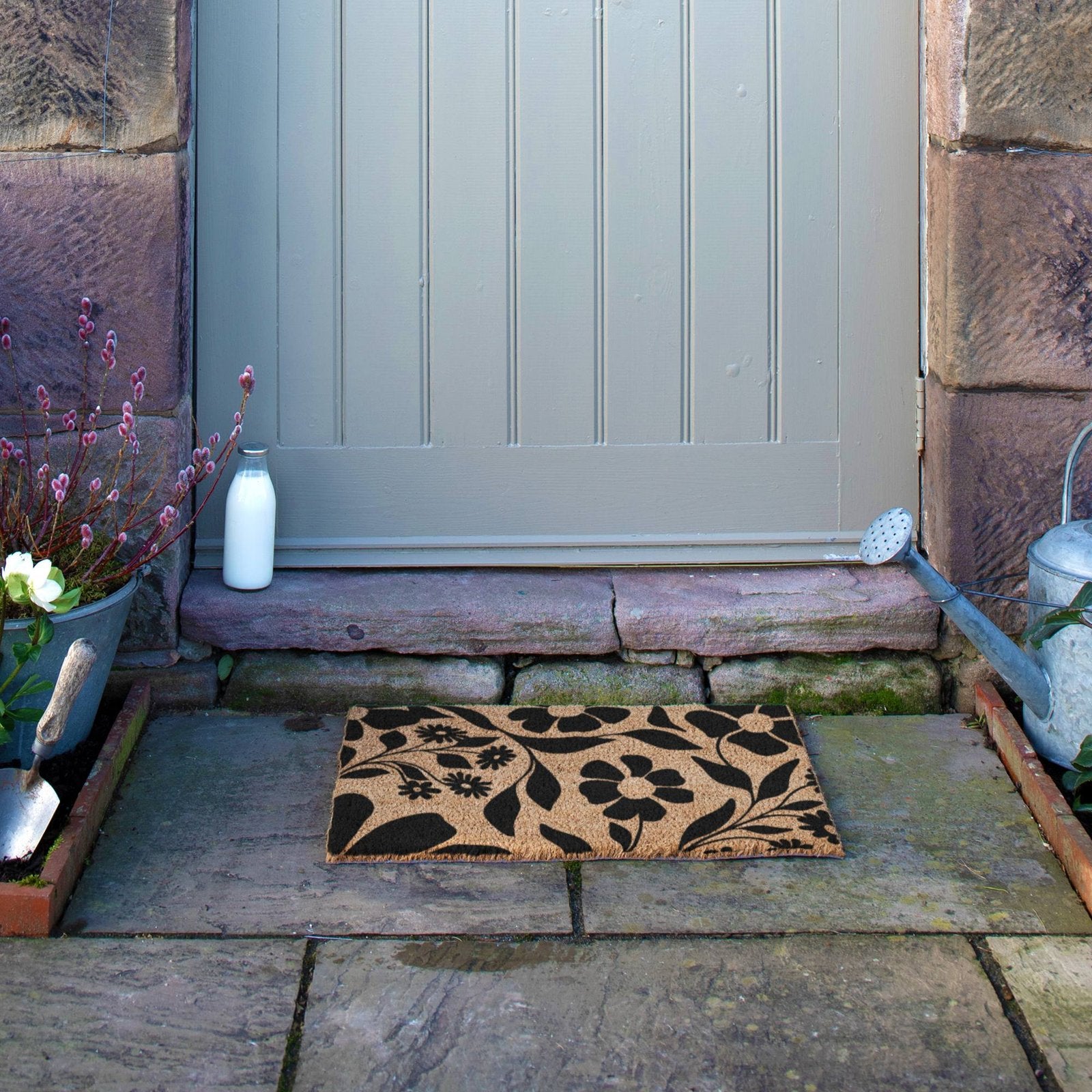 Black Floral Pattern Doormat