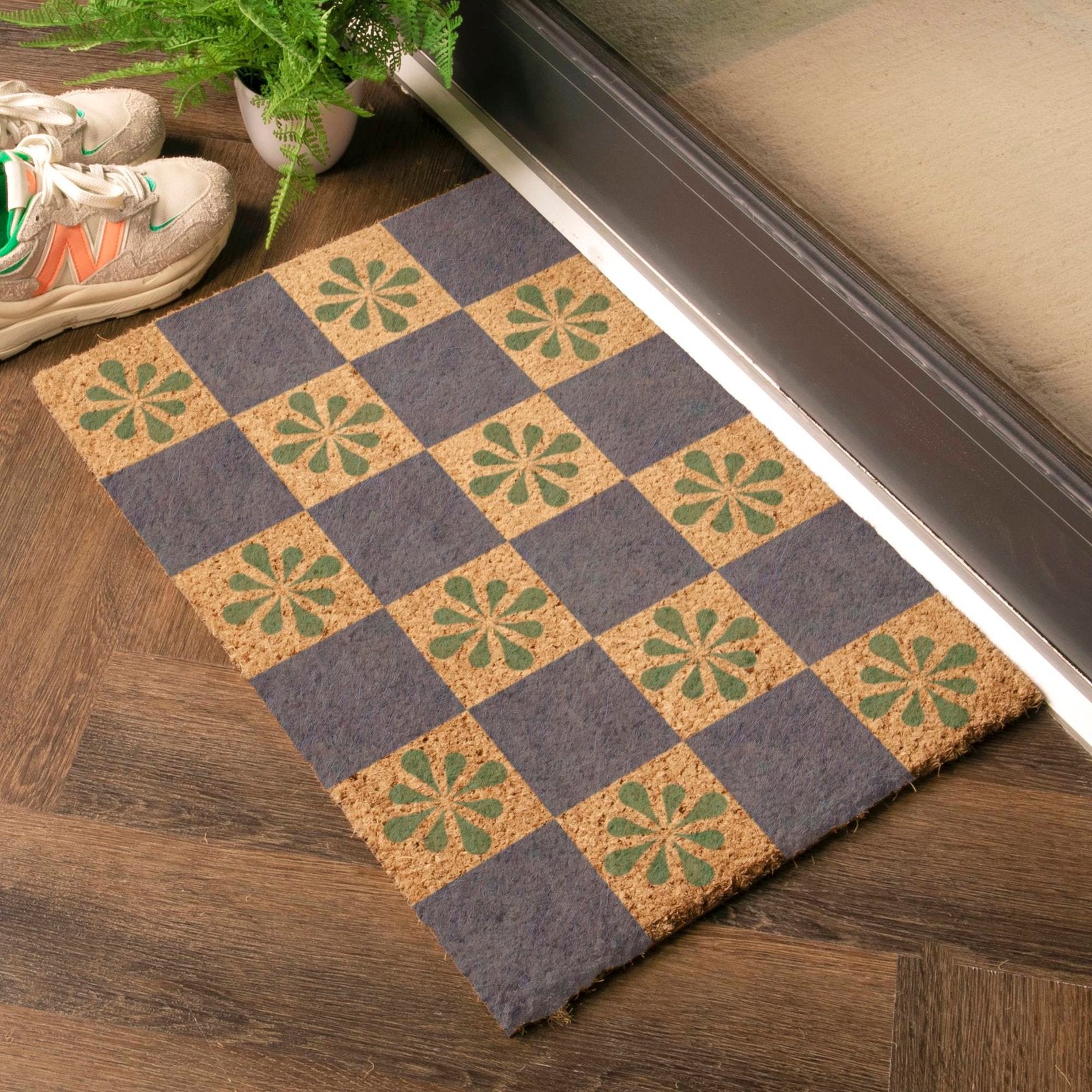 Blue Check & Petals Doormat