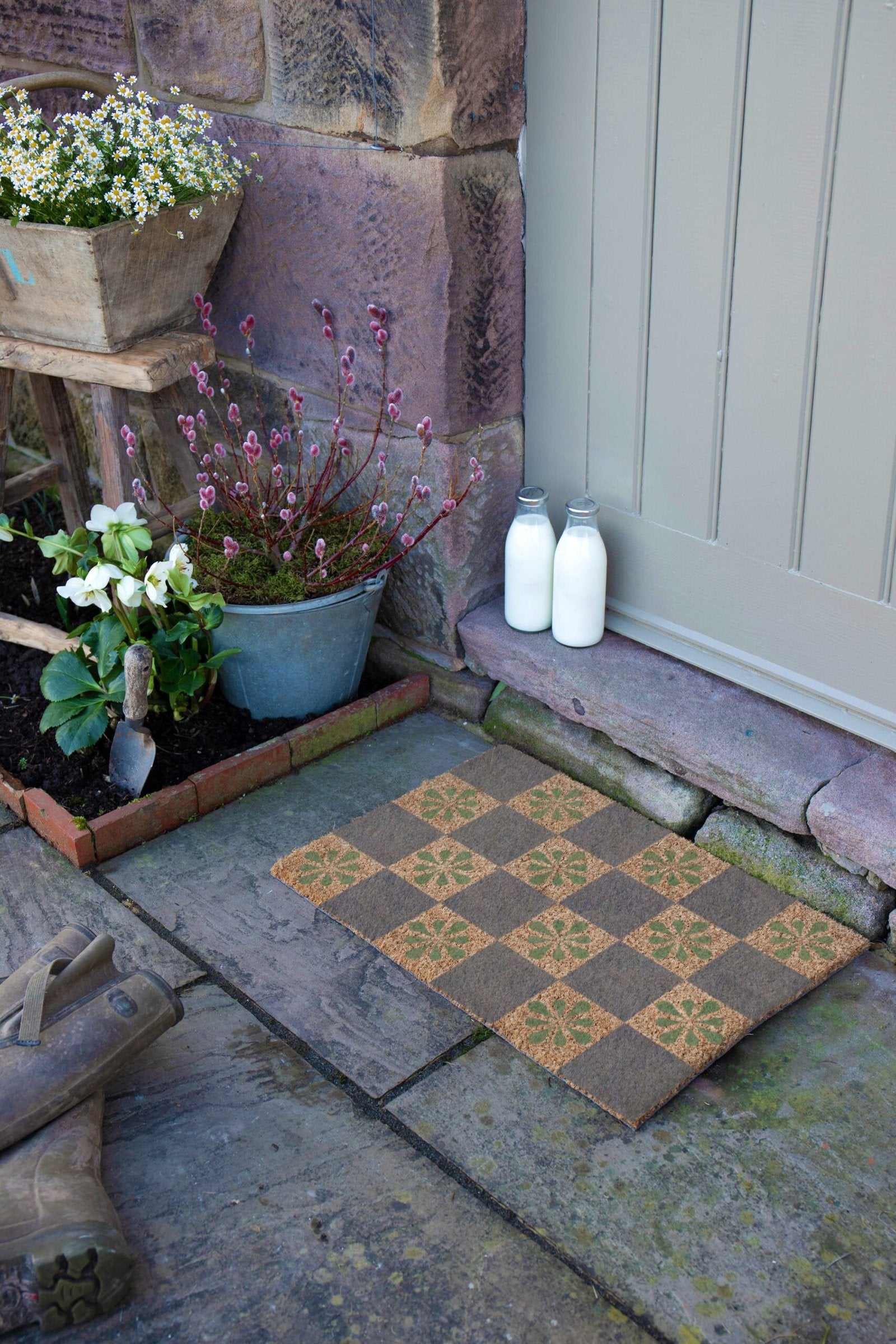 Blue Check & Petals Doormat