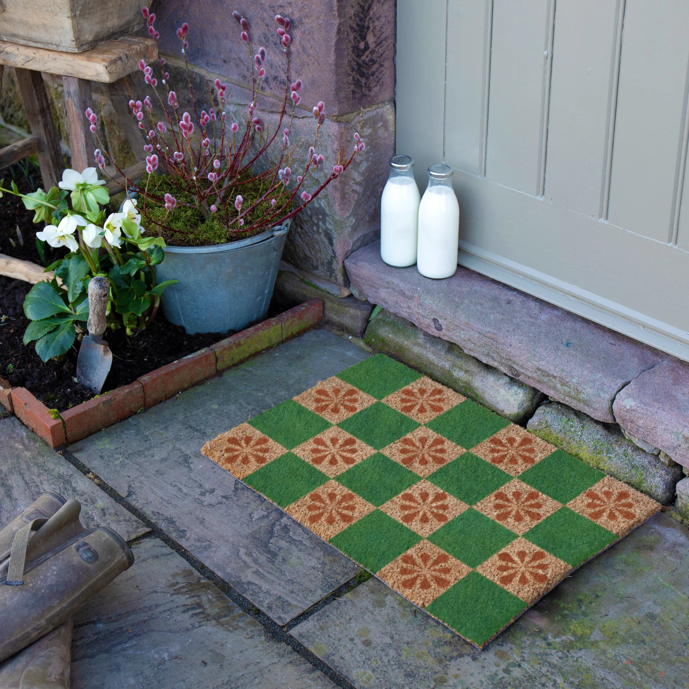 Green Petal Checkerboard Doormat