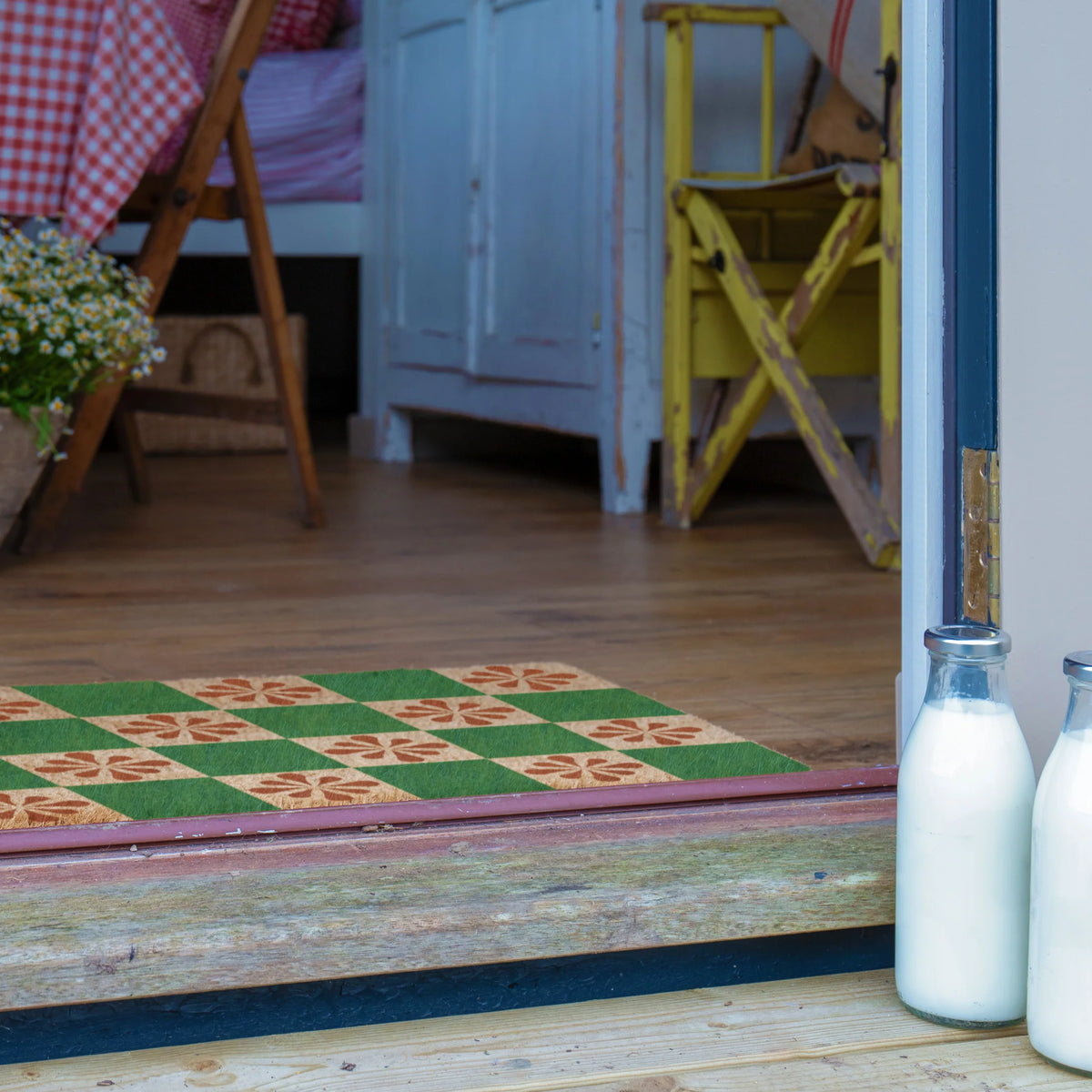 Green Petal Checkerboard Doormat
