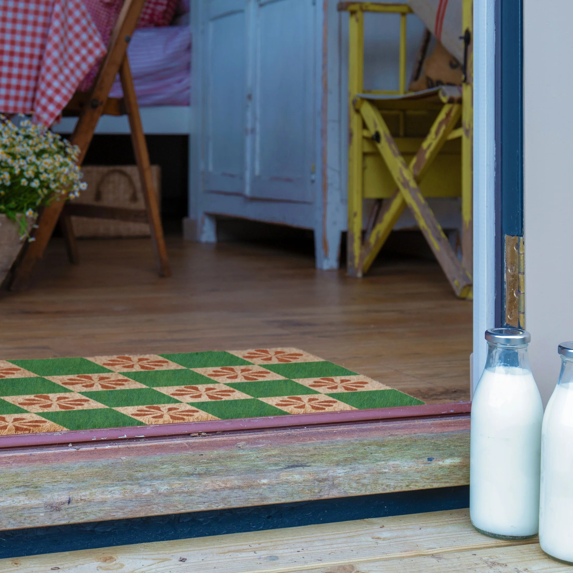 Green Petal Checkerboard Doormat