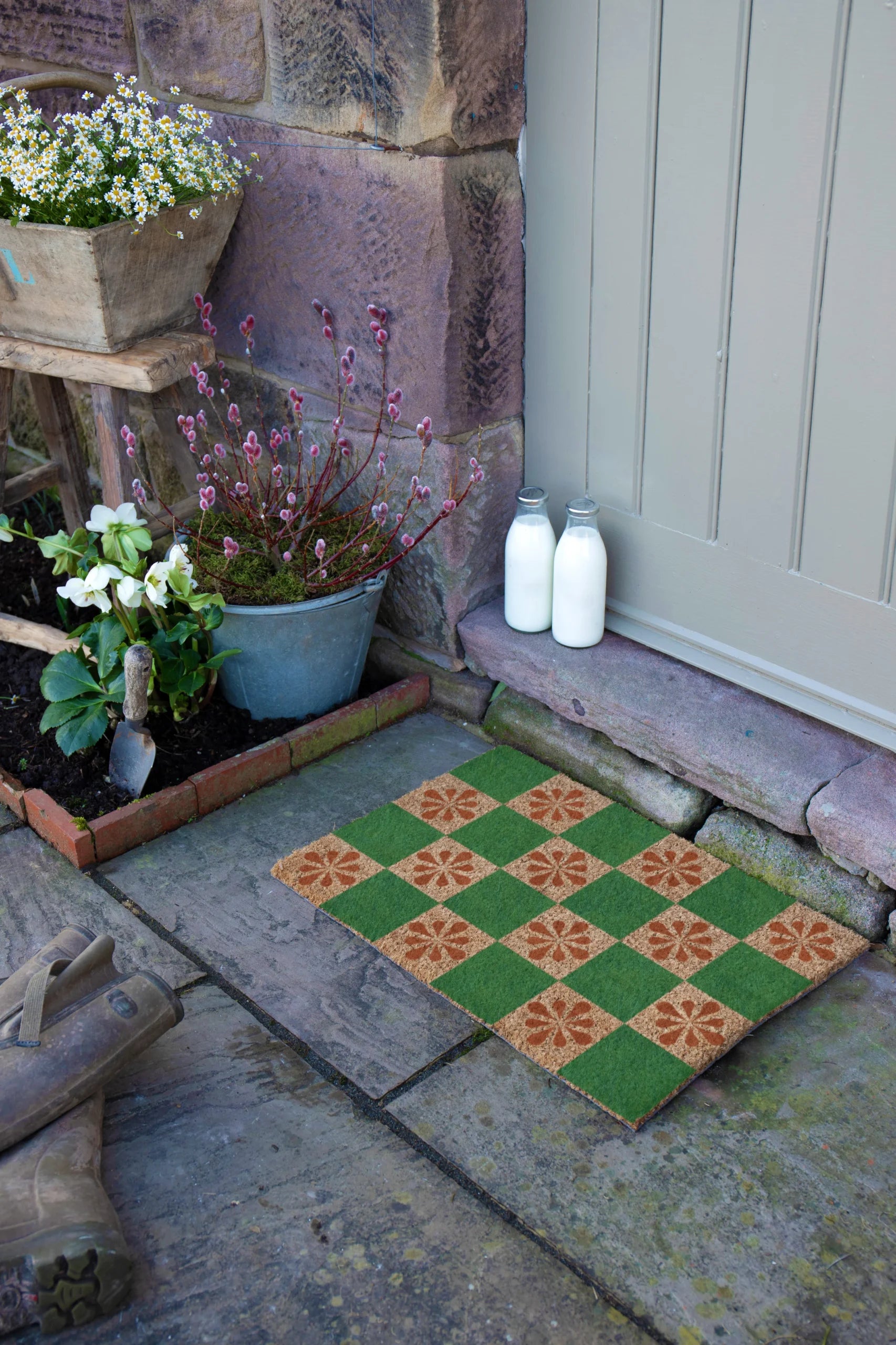 Green Petal Checkerboard Doormat