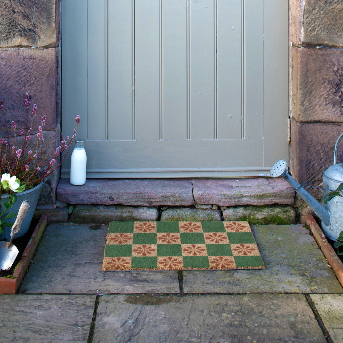 Green Petal Checkerboard Doormat