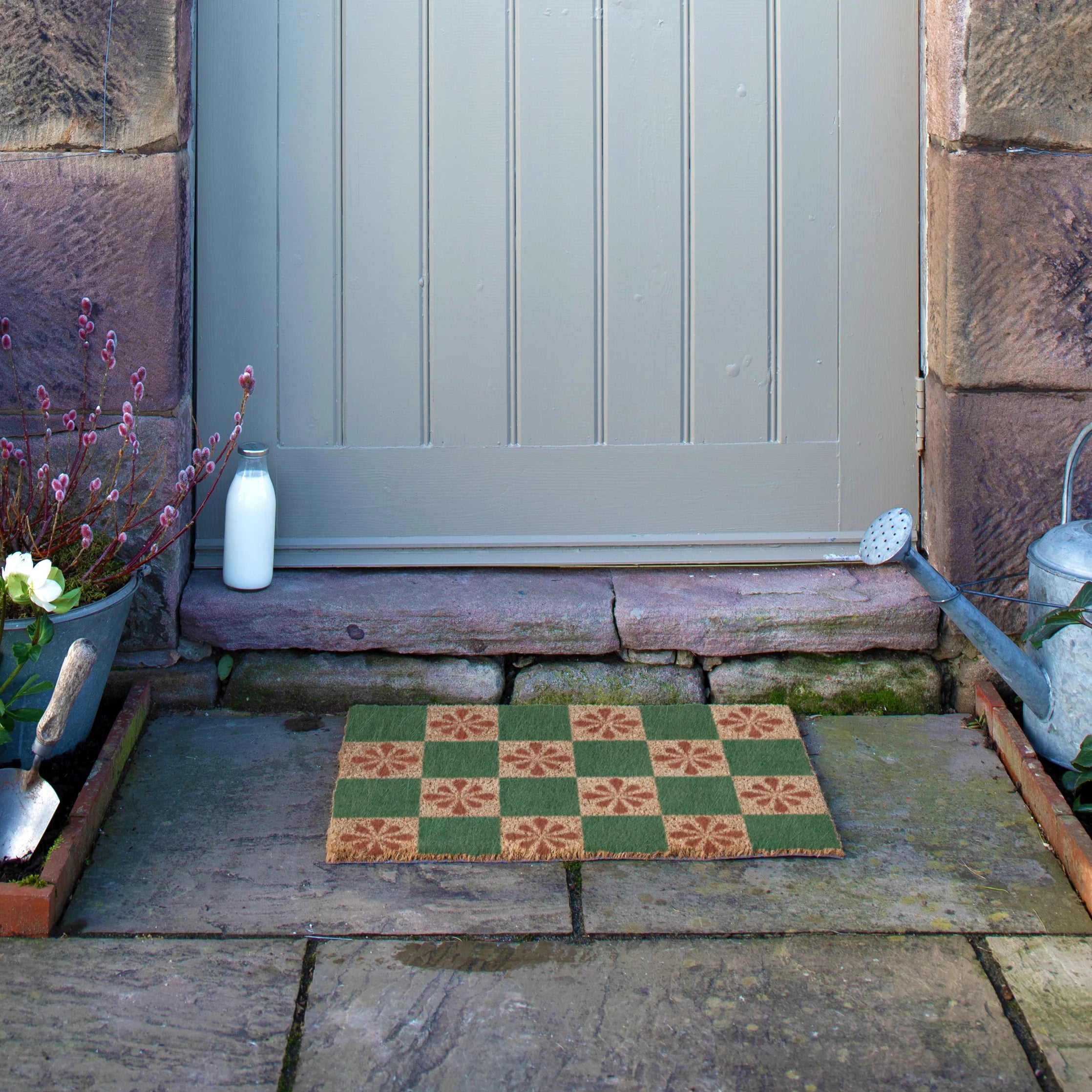 Green Petal Checkerboard Doormat