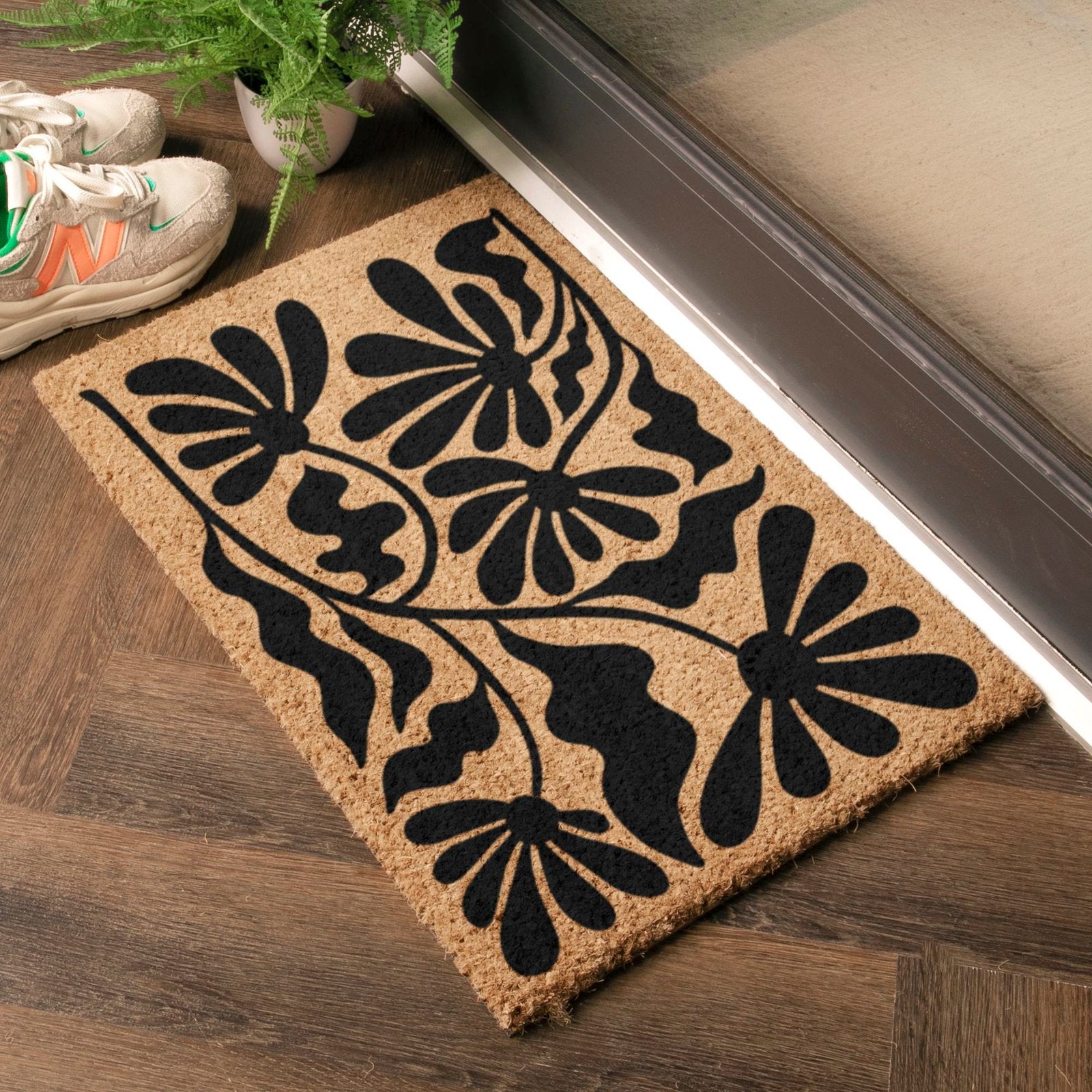 Black Quirky Floral Pattern Doormat