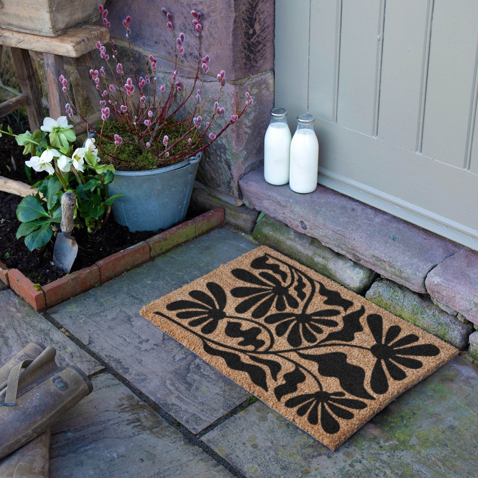 Black Quirky Floral Pattern Doormat