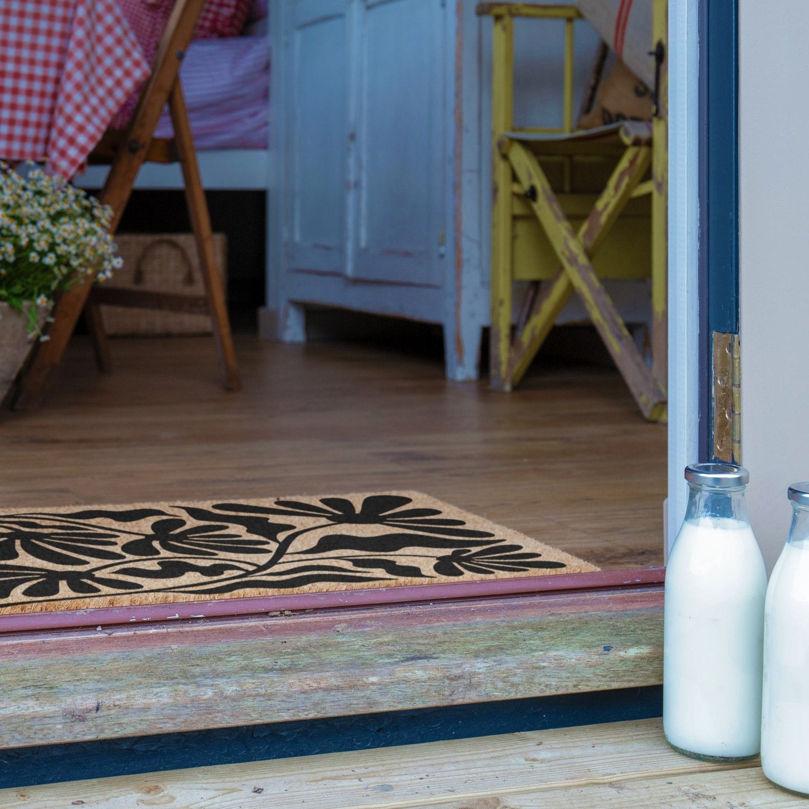 Black Quirky Floral Pattern Doormat
