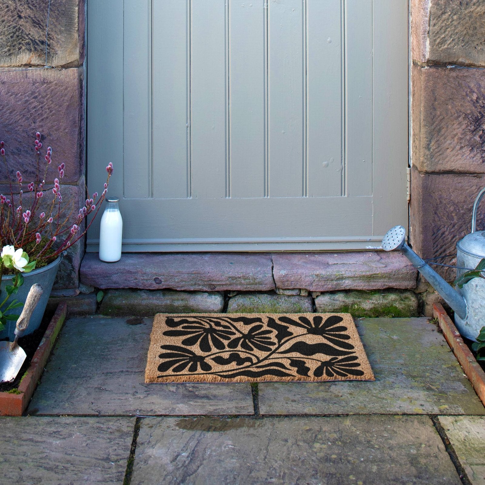 Black Quirky Floral Pattern Doormat