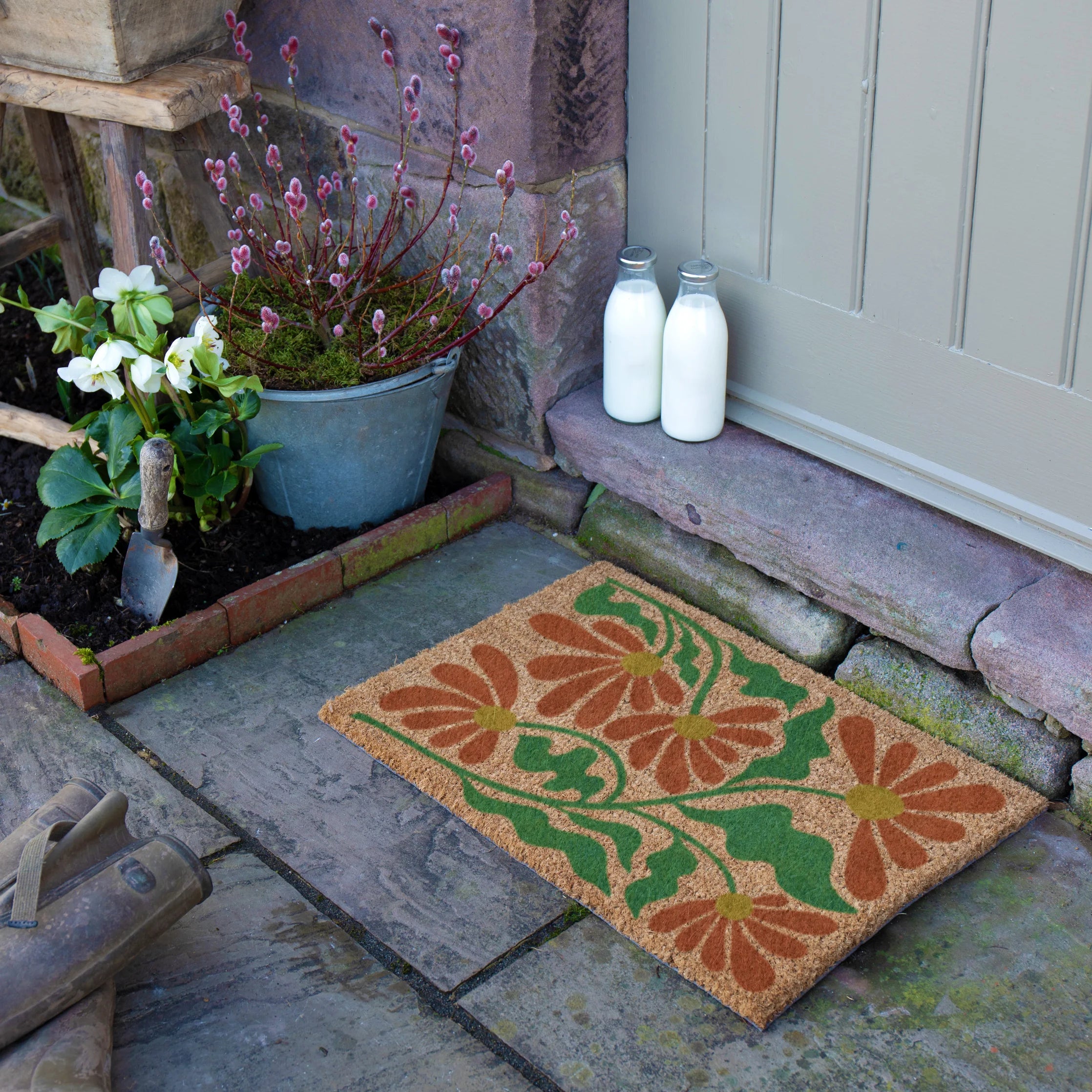 Red and Green Quirky Floral Pattern Doormat