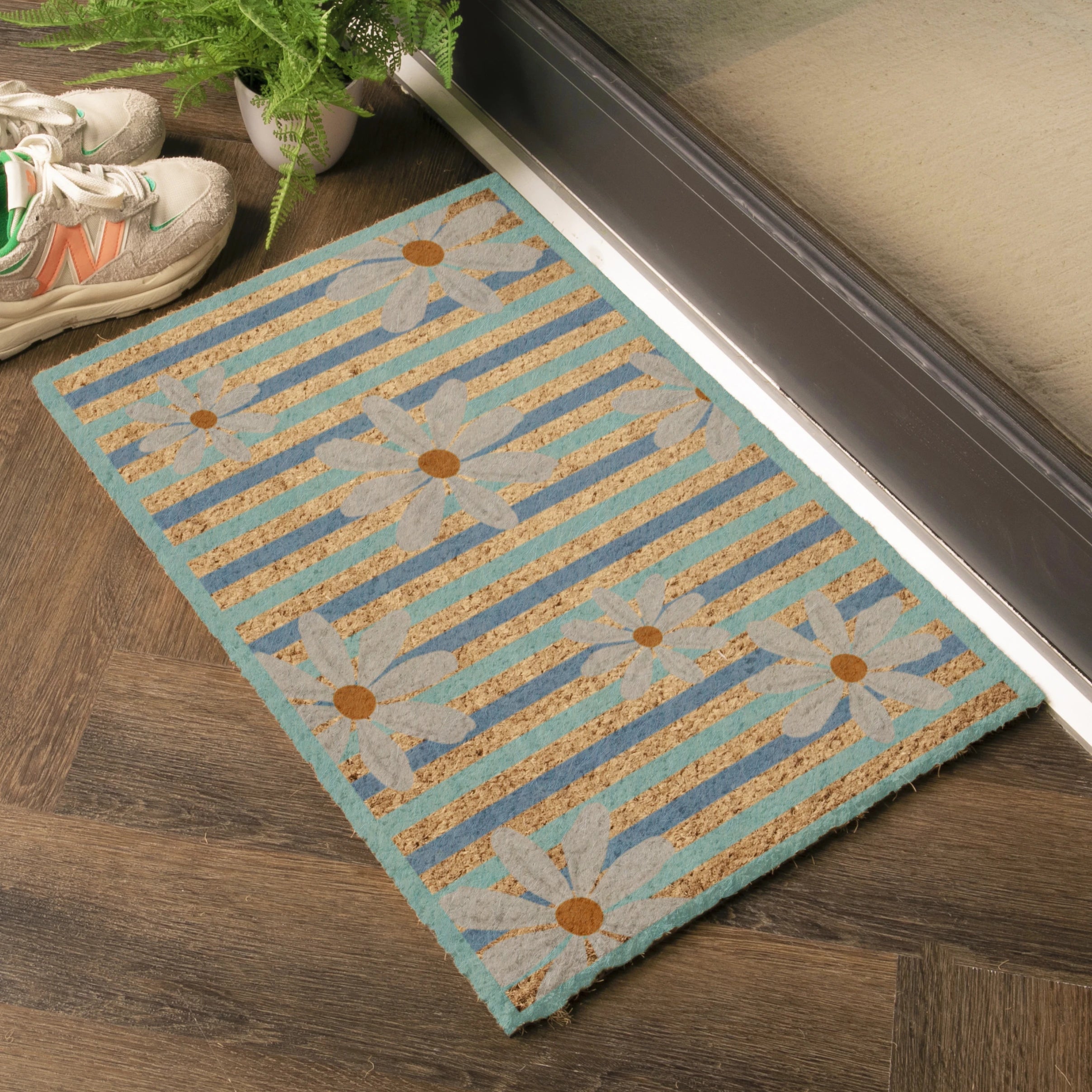 Daisies on Stripes Coir Doormat