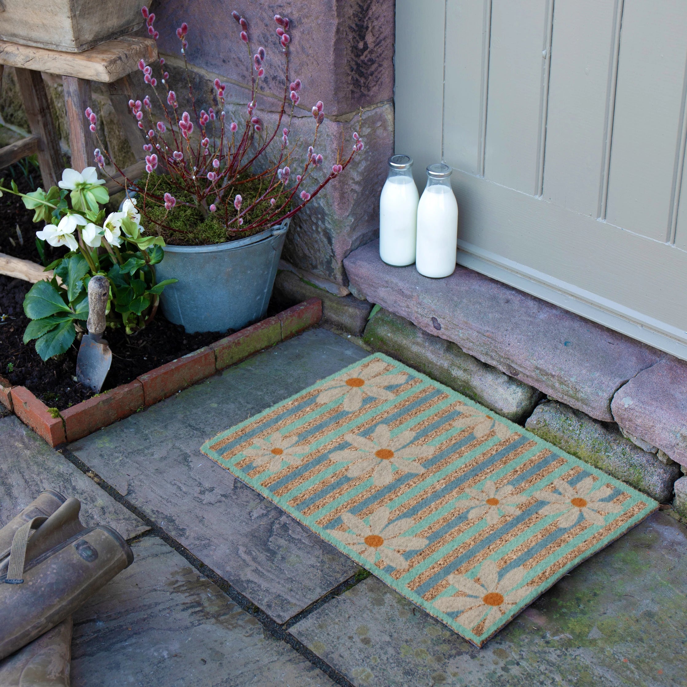 Daisies on Stripes Coir Doormat