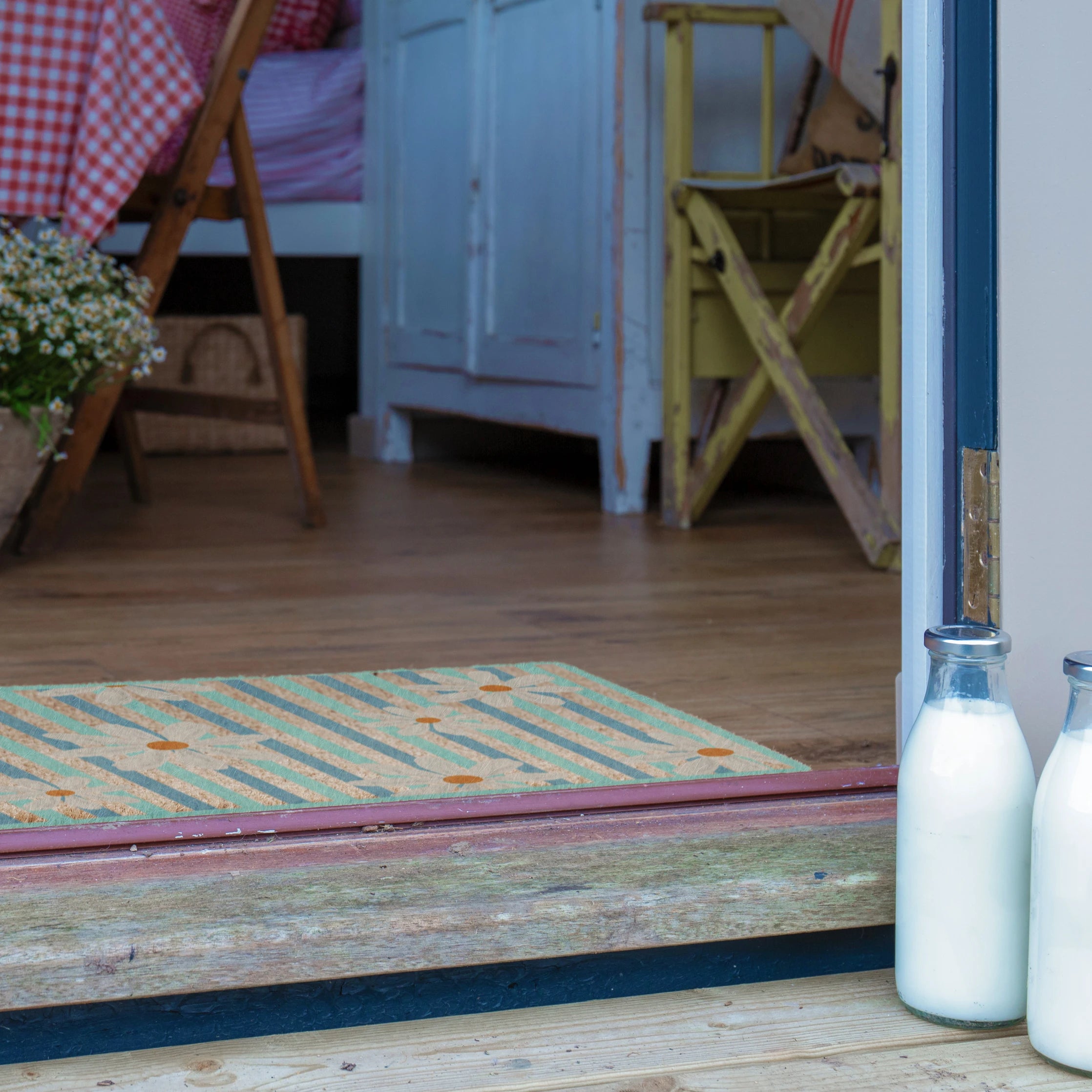 Daisies on Stripes Coir Doormat