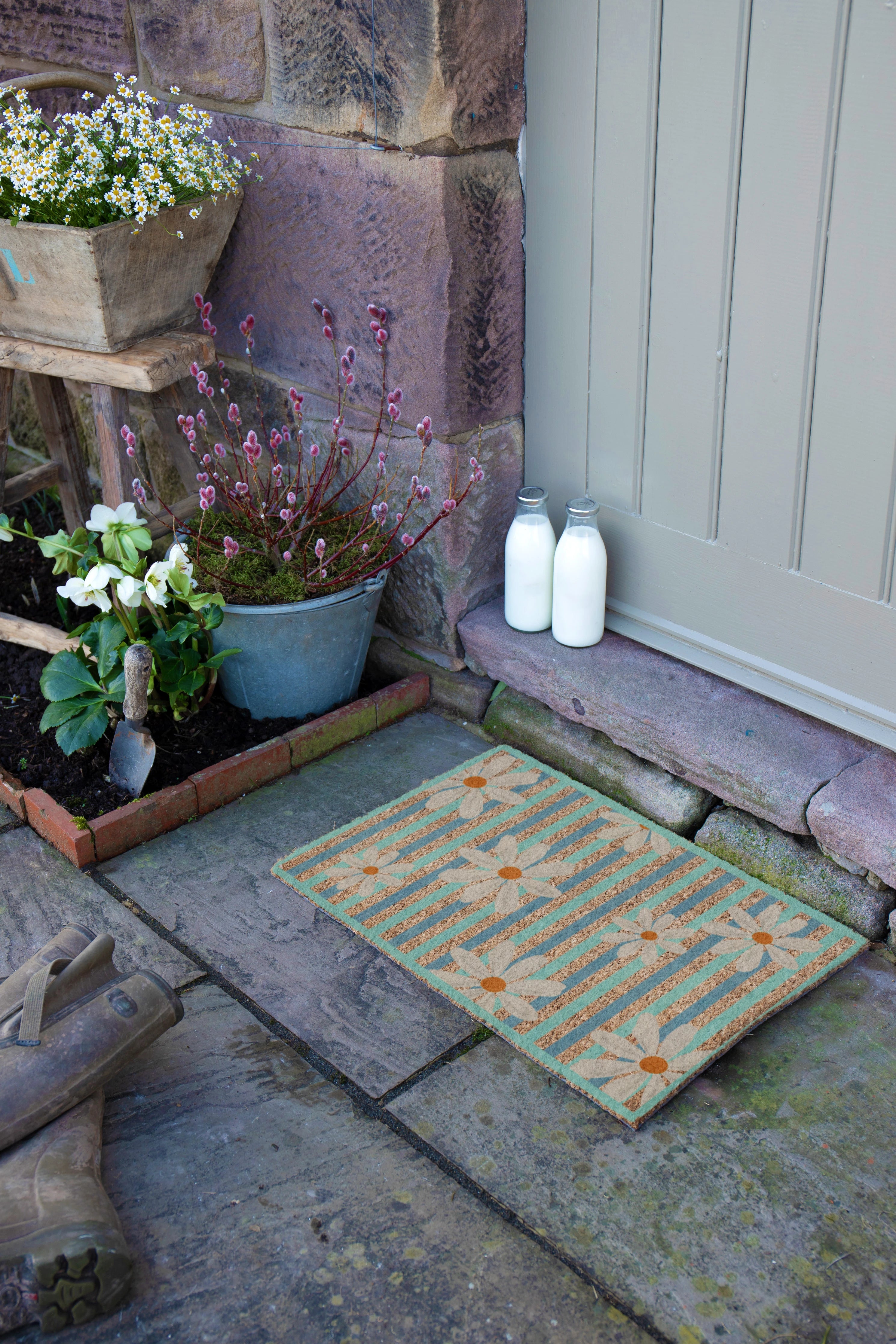 Daisies on Stripes Coir Doormat
