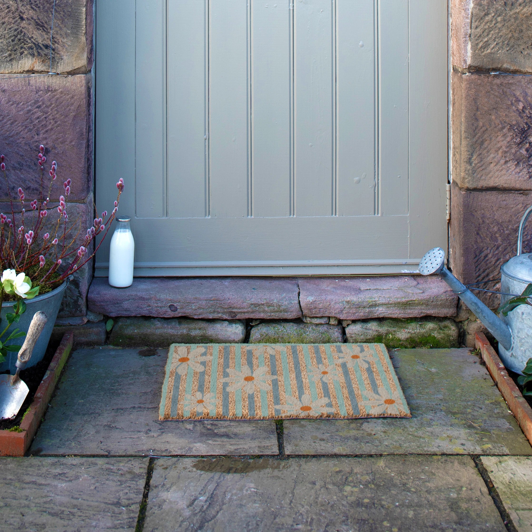 Daisies on Stripes Coir Doormat