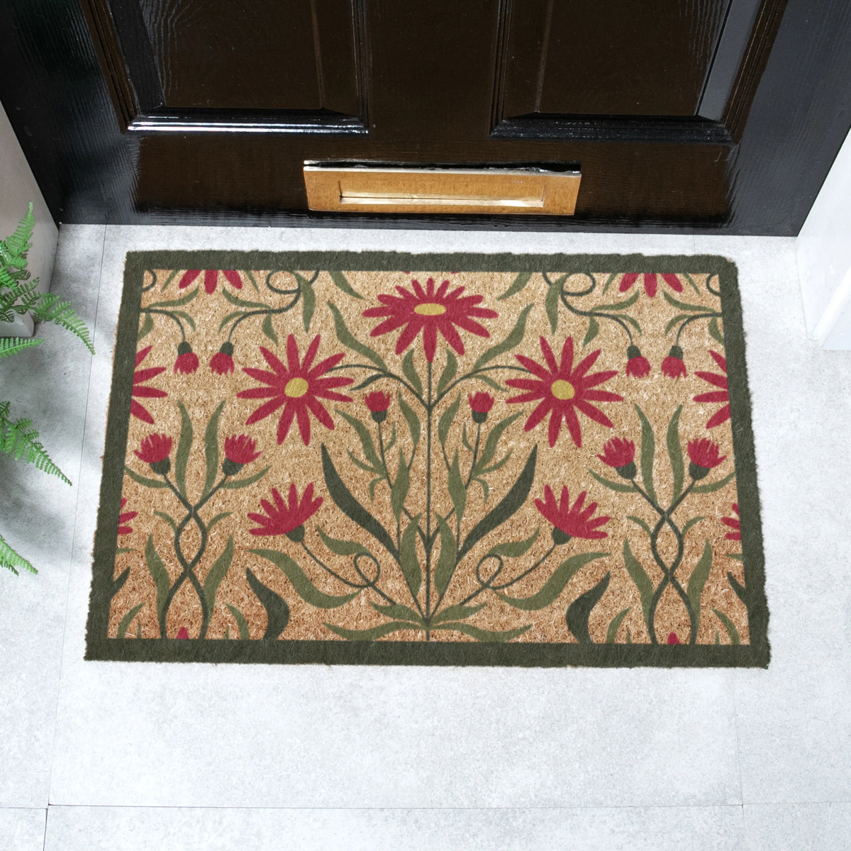 Red Green Floral Border Coir Doormat