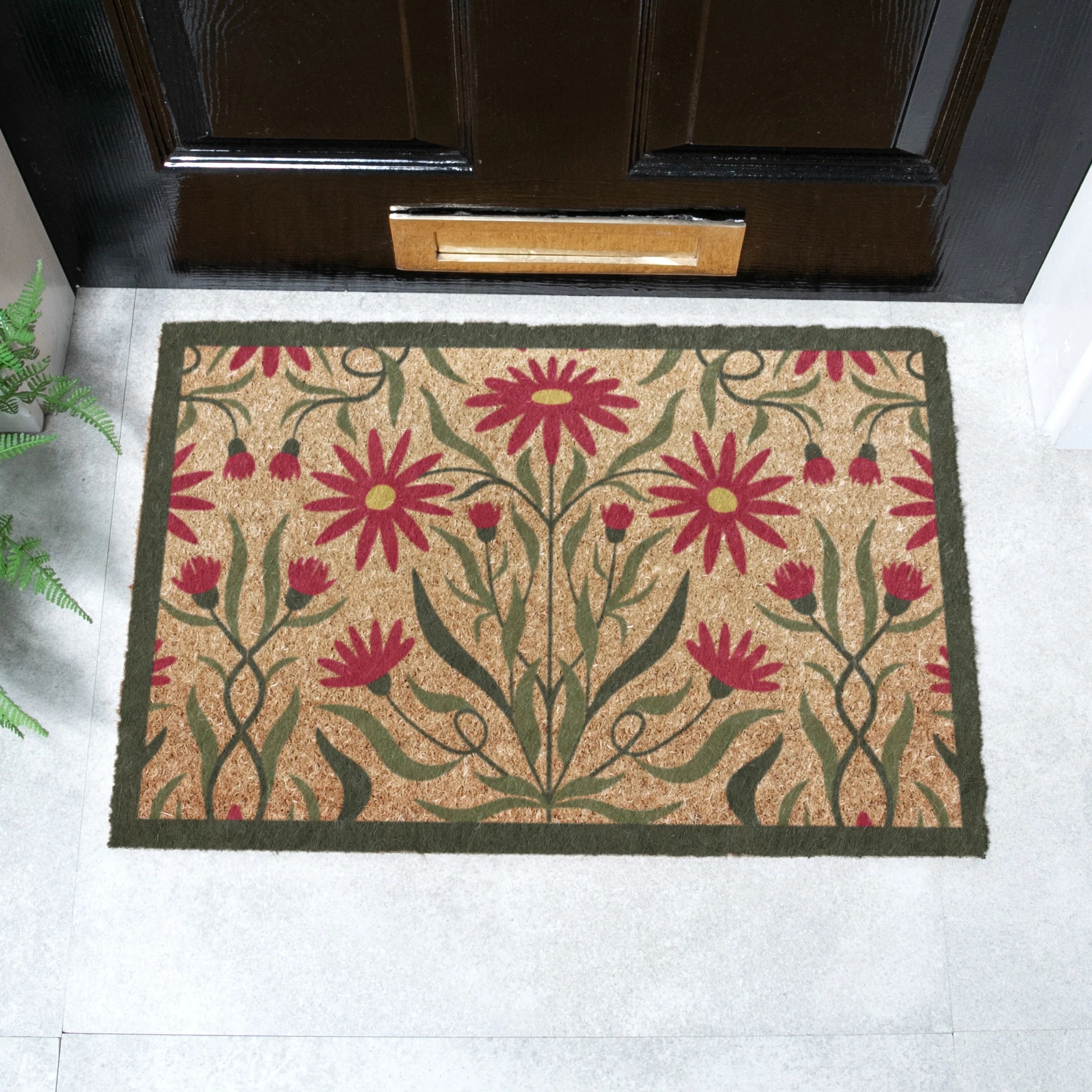 Red Green Floral Border Coir Doormat