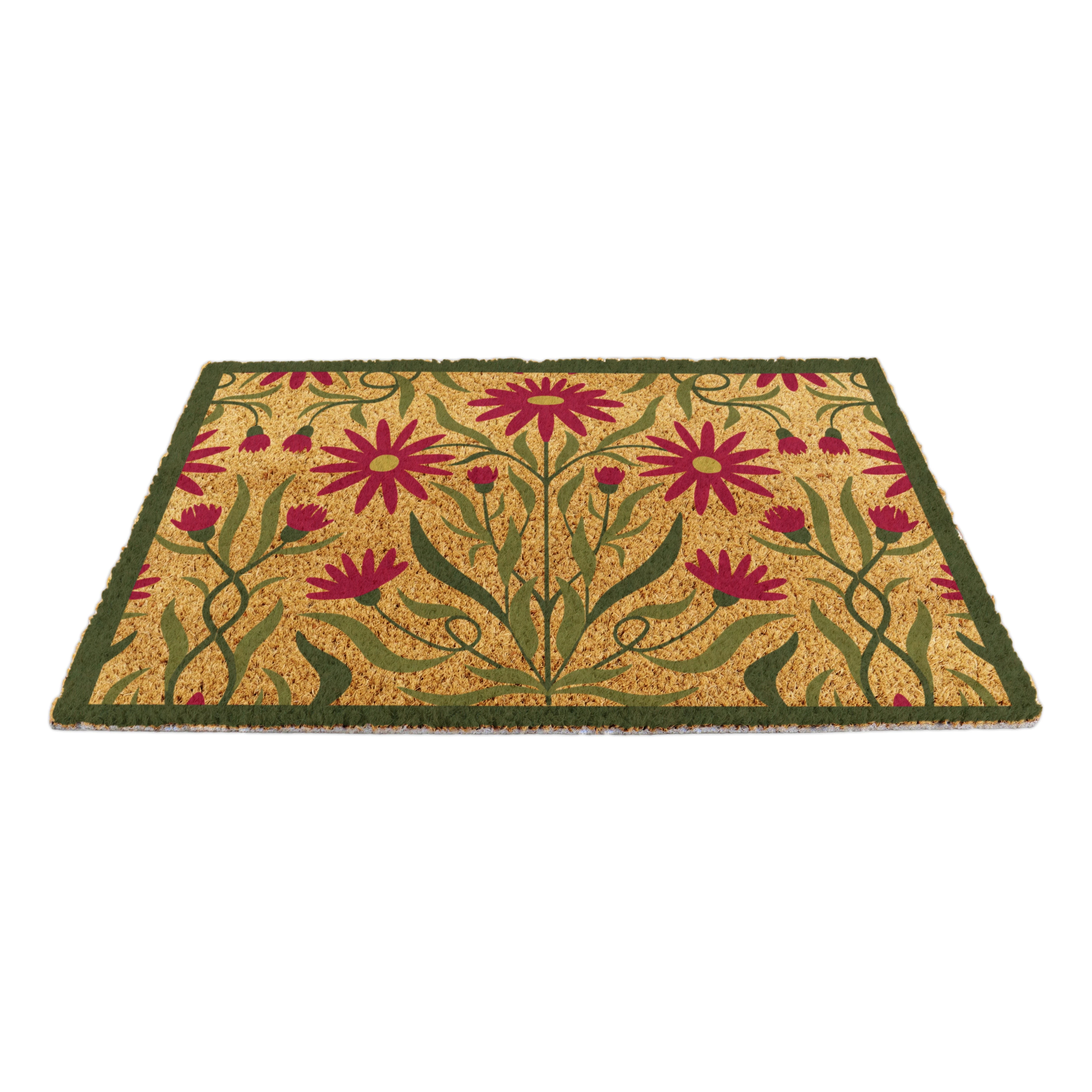 Red Green Floral Border Coir Doormat