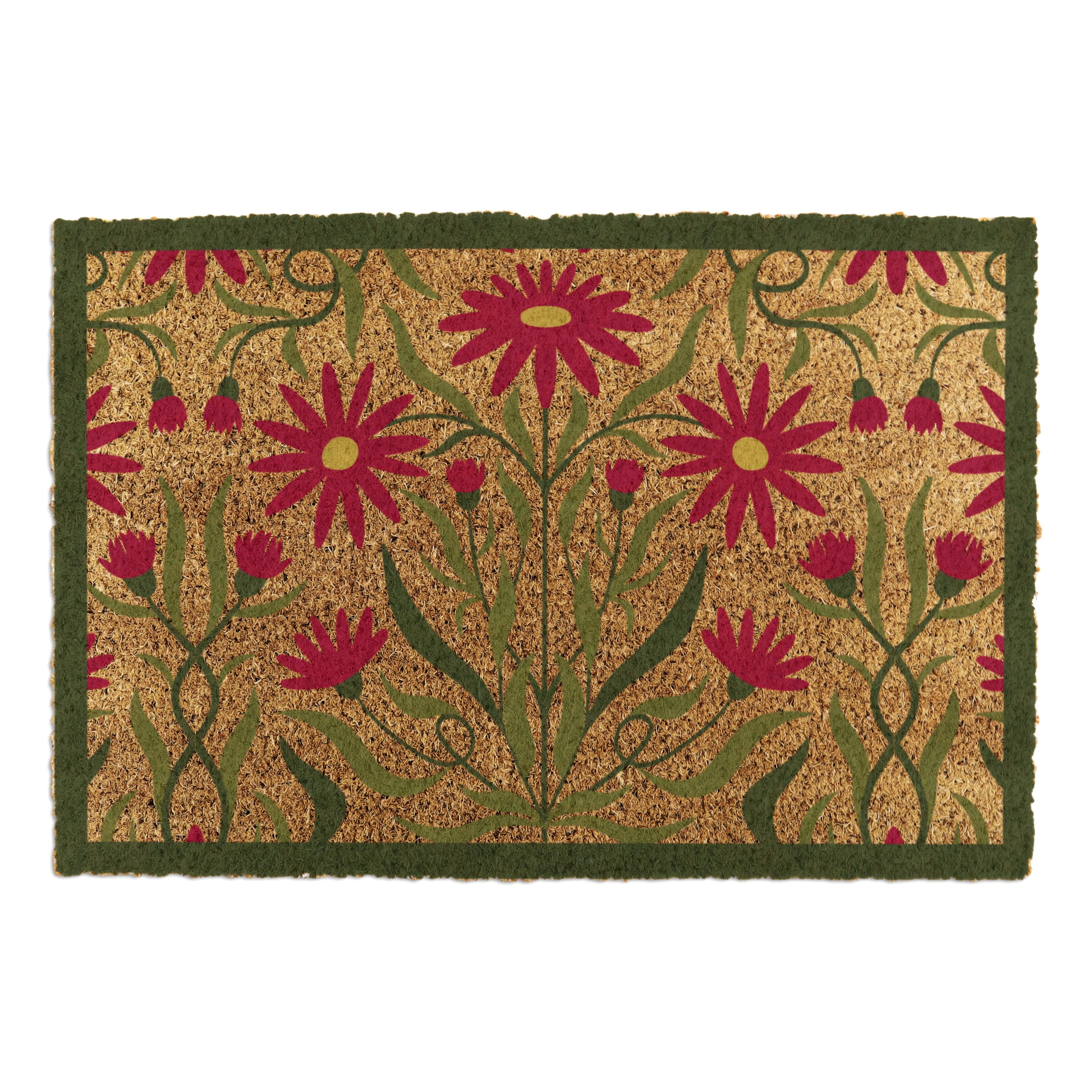 Red Green Floral Border Coir Doormat