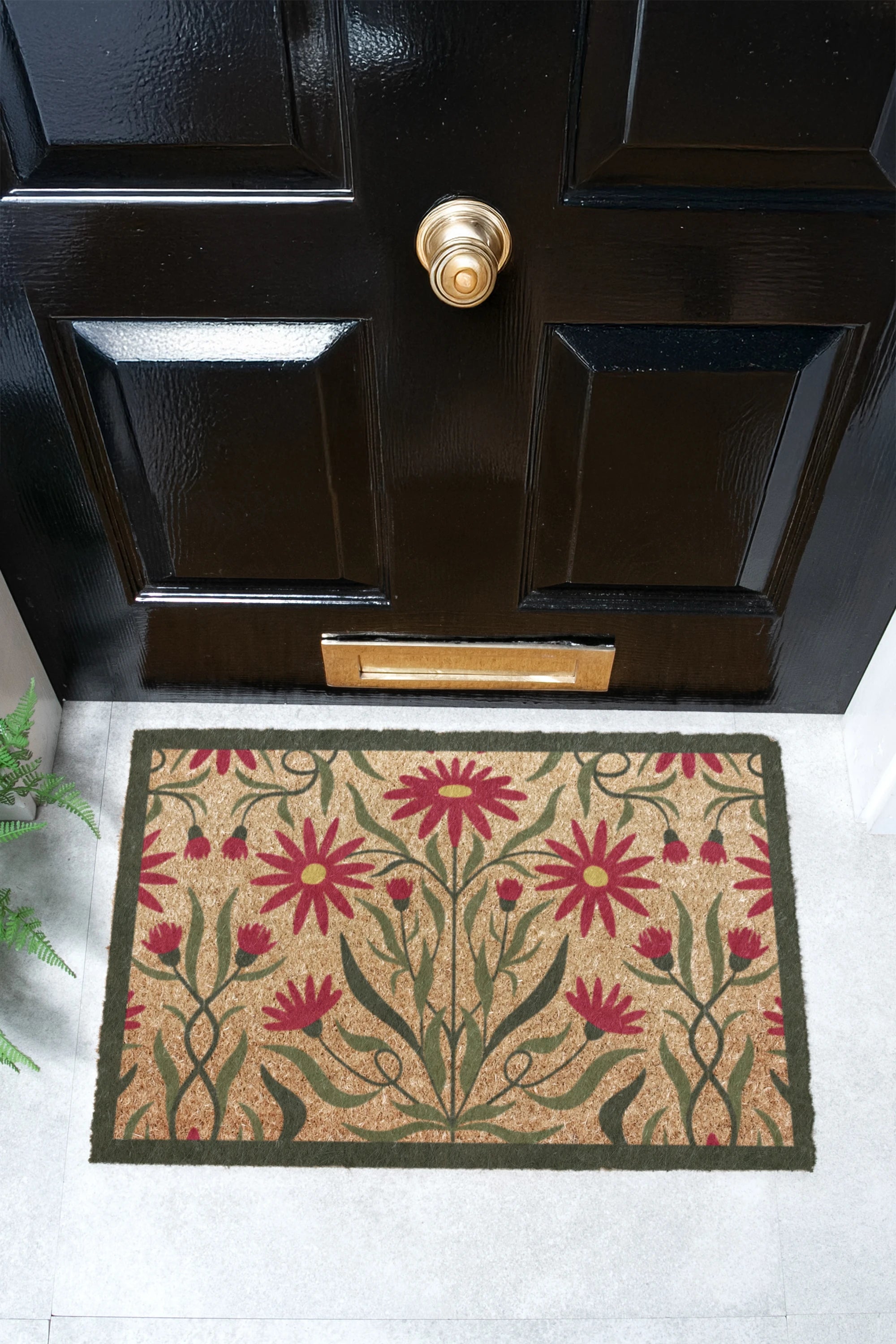 Red Green Floral Border Coir Doormat
