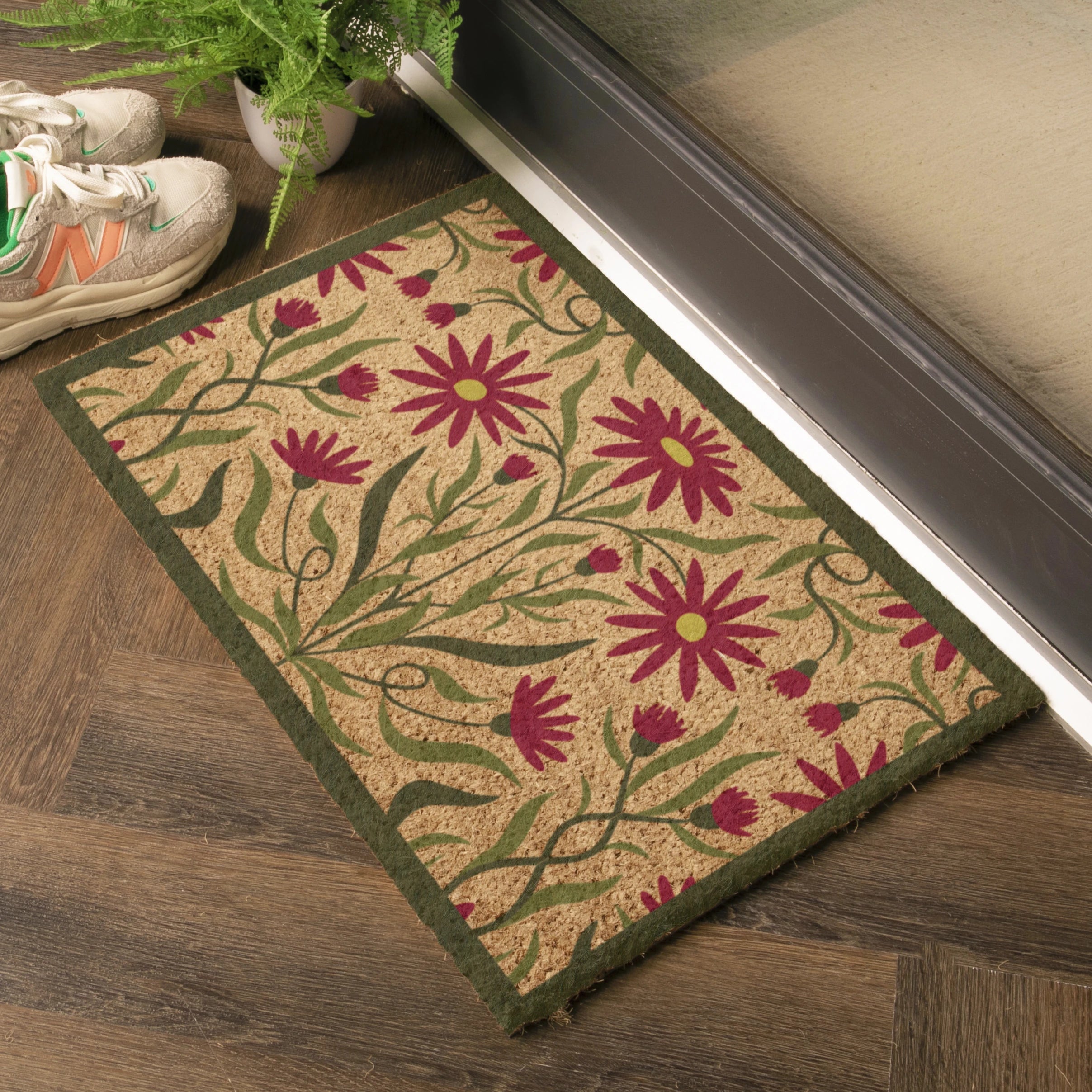 Red Green Floral Border Coir Doormat
