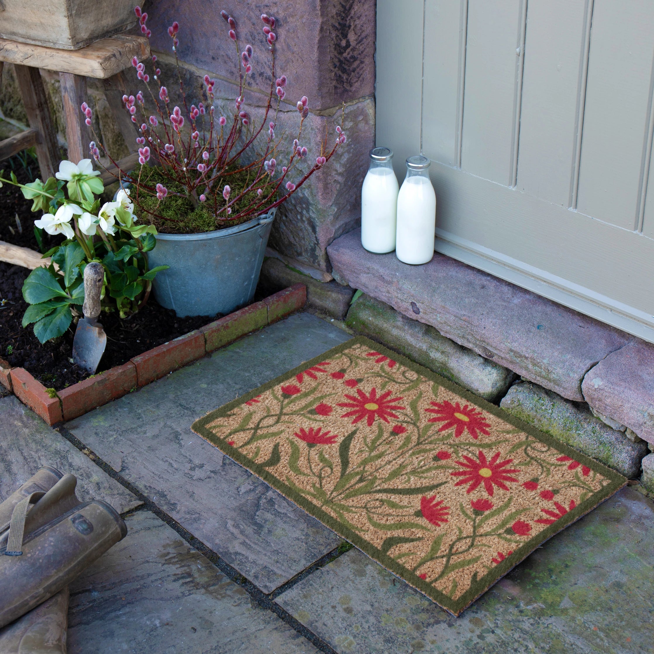 Red Green Floral Border Coir Doormat