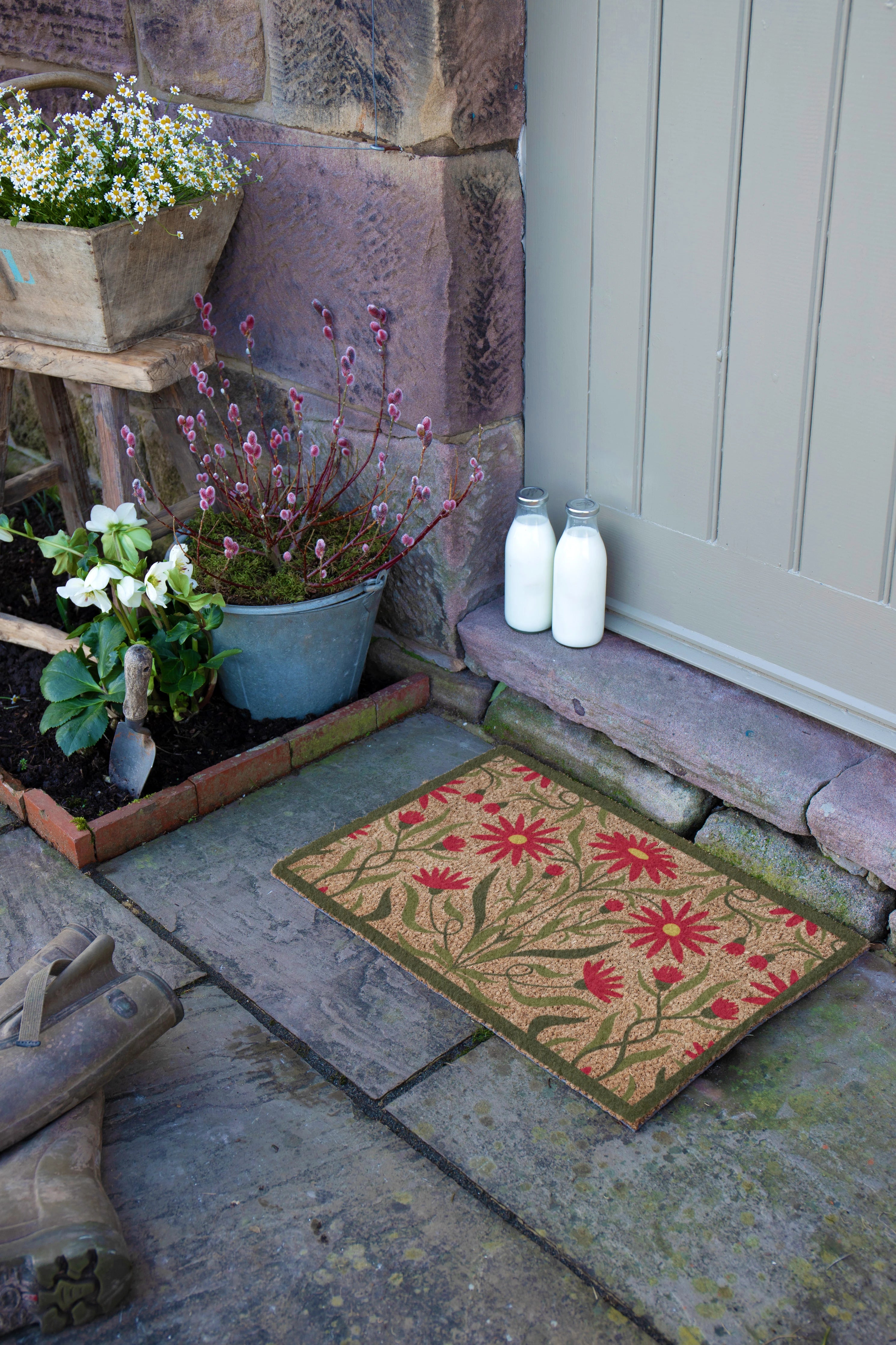 Red Green Floral Border Coir Doormat
