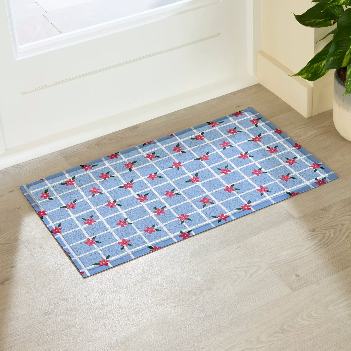 Blue Check Floral Doormat