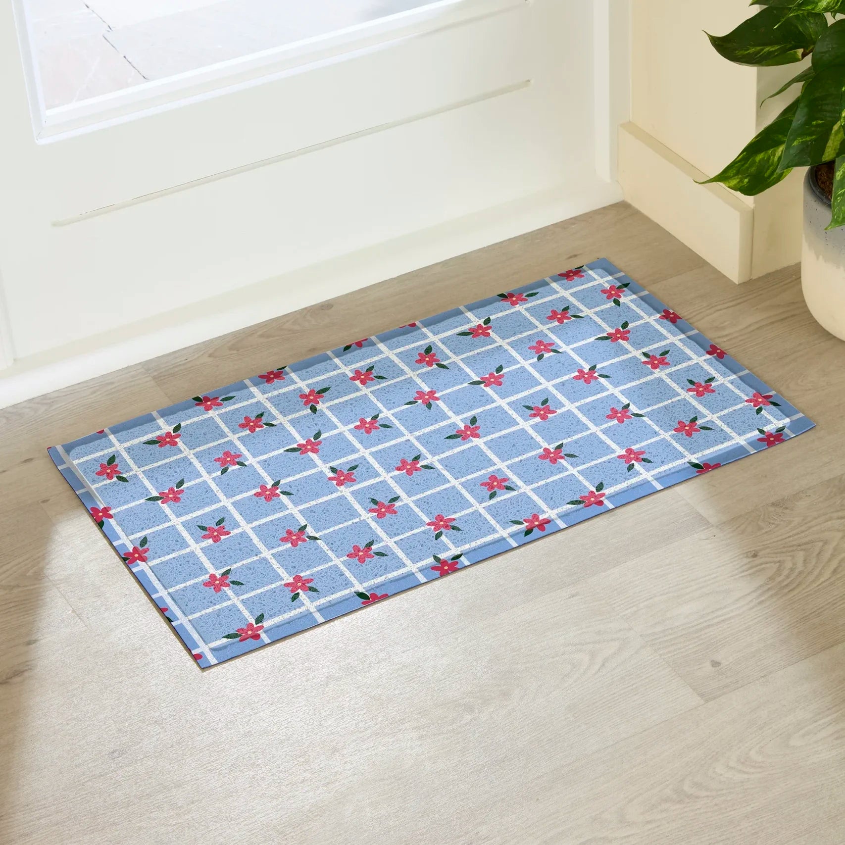 Blue Check Floral Doormat