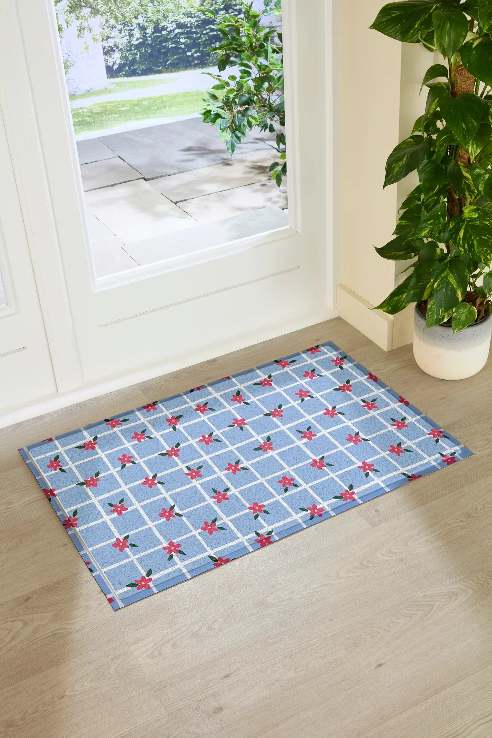Blue Check Floral Doormat