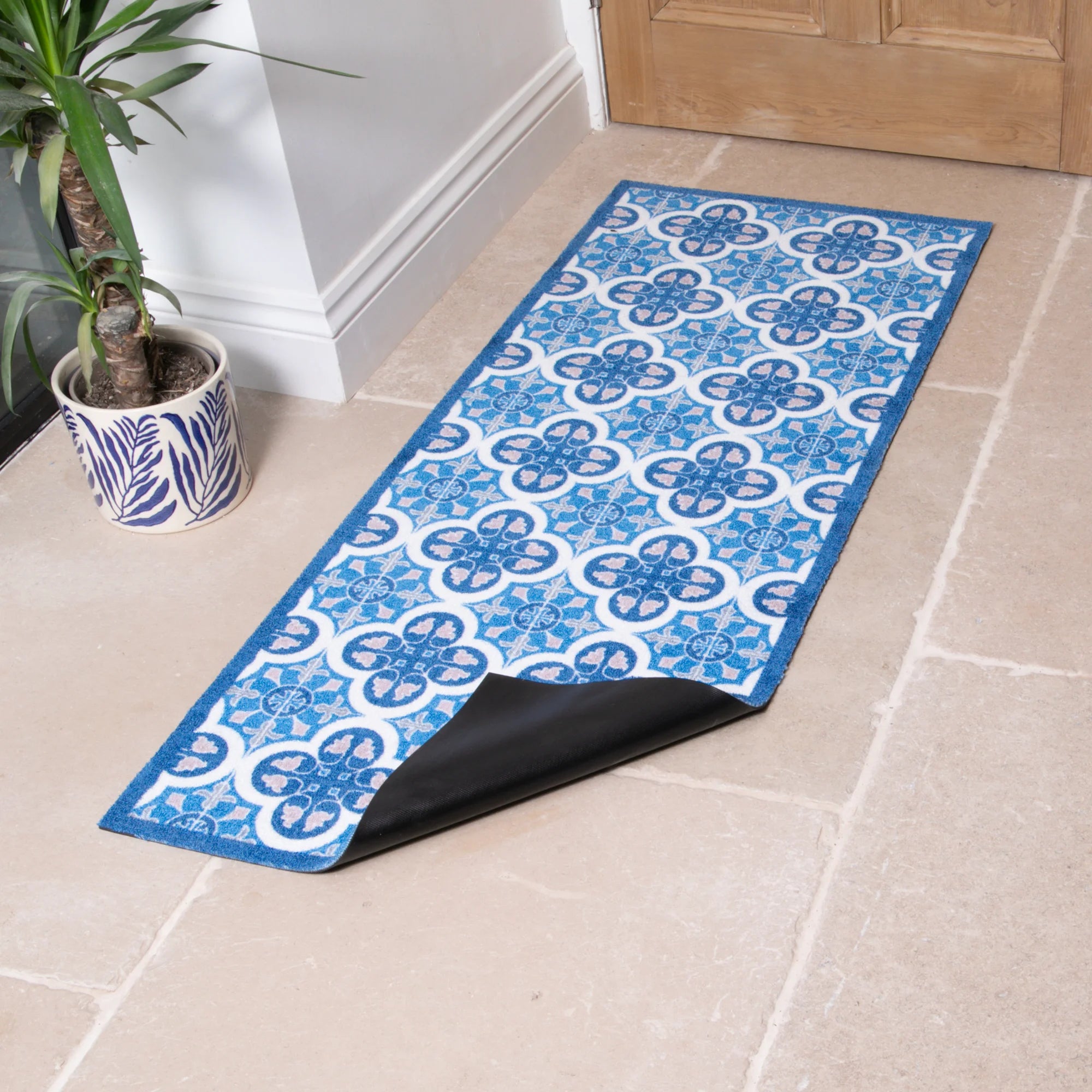 Blue Mosaic Tile Indoor Washable Runner 150x60cm
