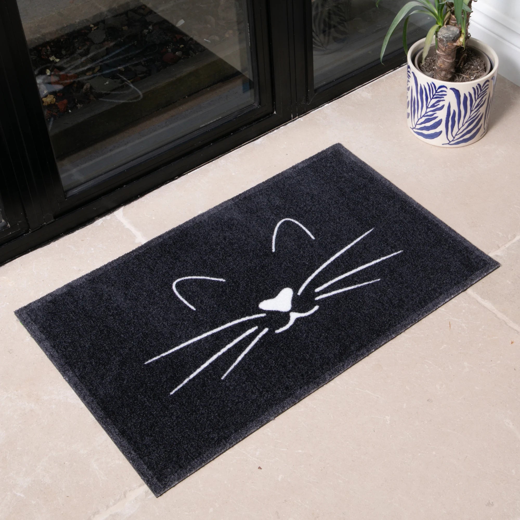 Black Whiskers Cat Indoor Washable Doormat