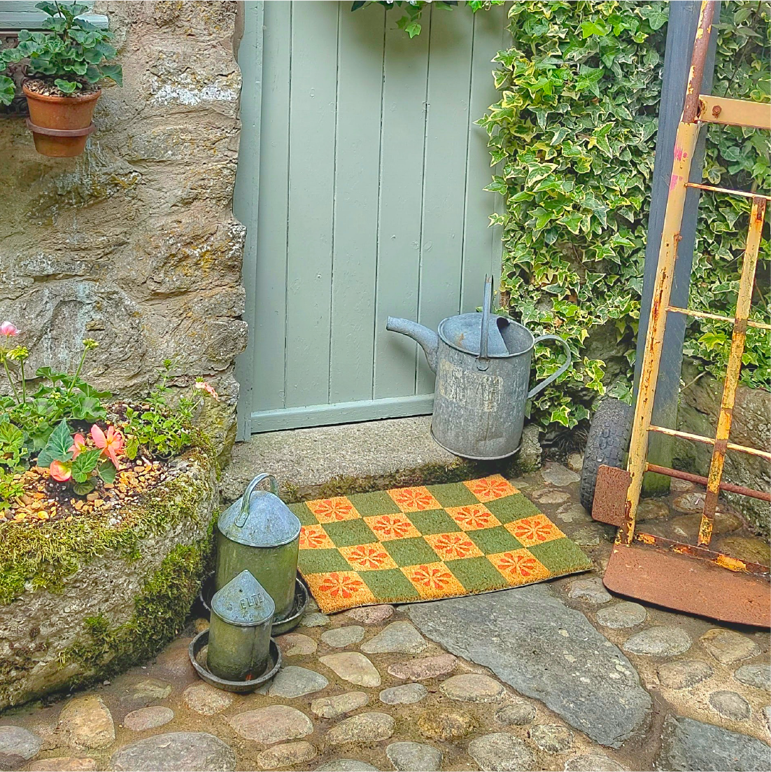Green Petal Checkerboard Doormat