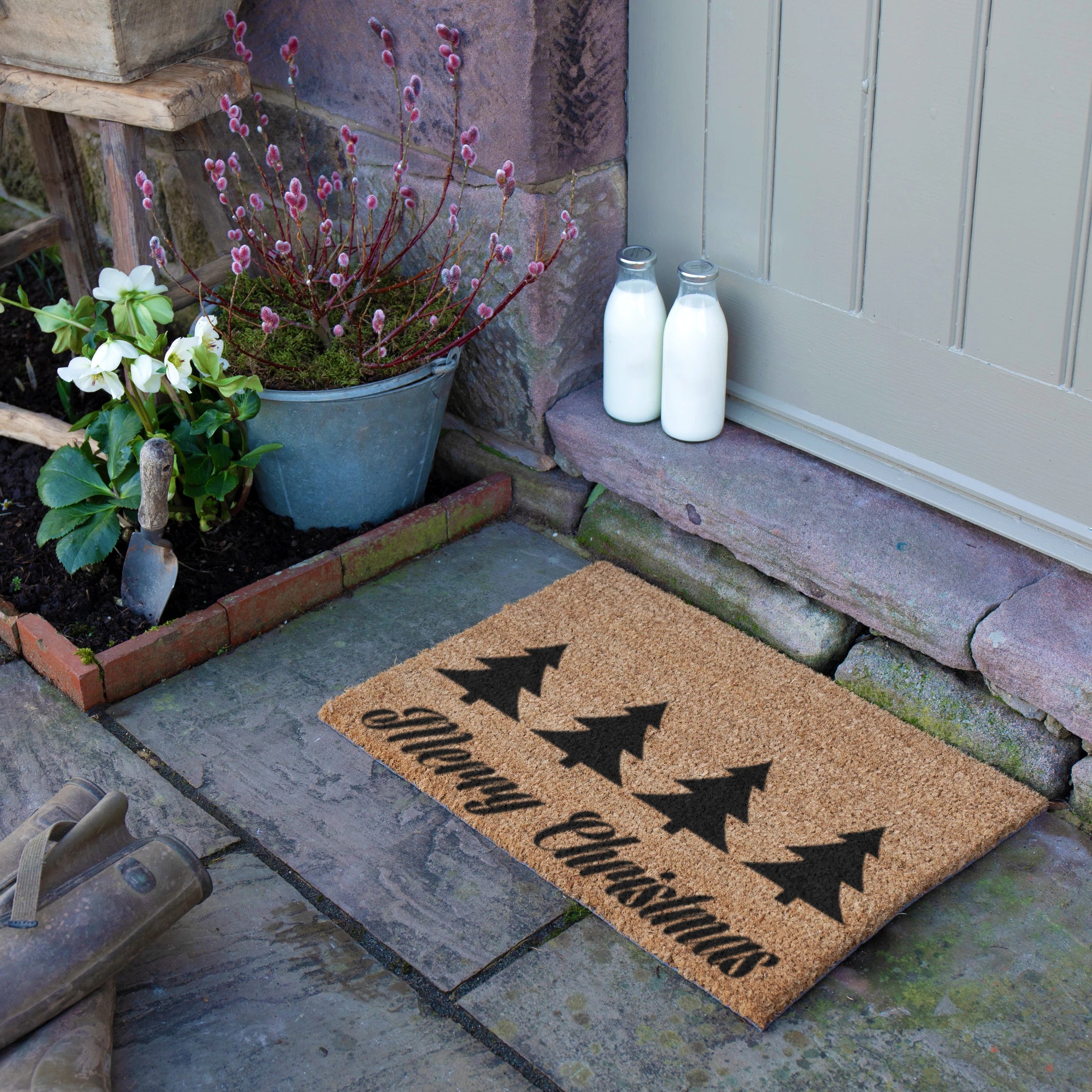 Christmas Trees with Merry Christmas Greeting Doormat