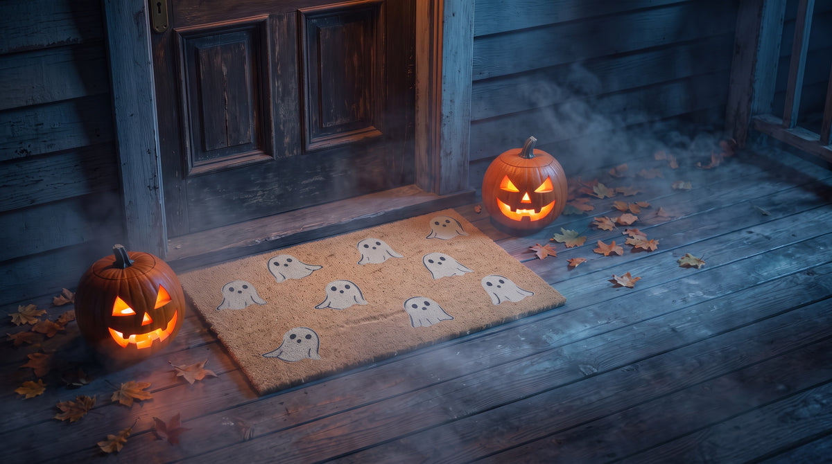 Ghost Pattern coir doormat on a misty porch between two glowing jack-o’-lanterns