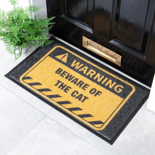 Yellow Beware of The Cat Doormat (70 x 40cm)