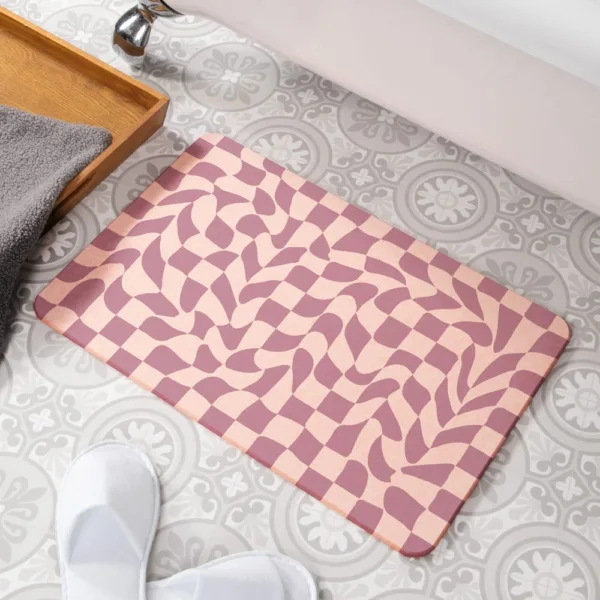 Purple Wavy Checkerboard Pink Stone Non Slip Bath Mat