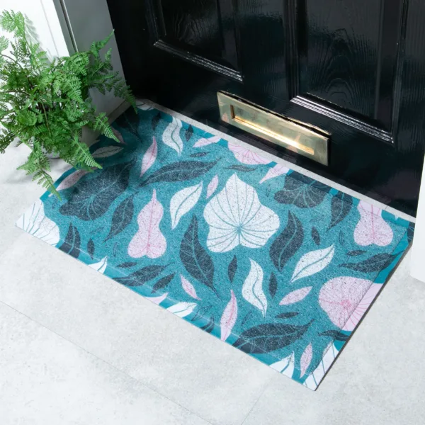 Blue Tropical Floral Pattern Doormat x Melissa Donne